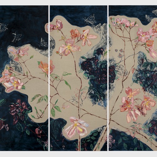Roses with Midnight Moths (triptych), 2021, oil on linen, 120 x 225cm